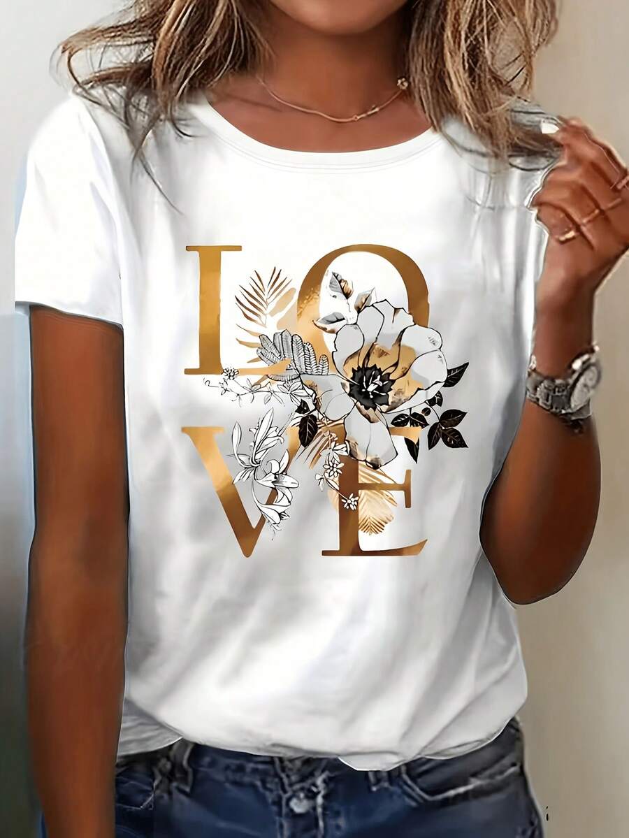 Camiseta de manga corta con cuello redondo y estampado floral romántico de cartas de amor para mujer, top casual inspirado en San Valentín para primavera y verano. - Blanco - Ver 1