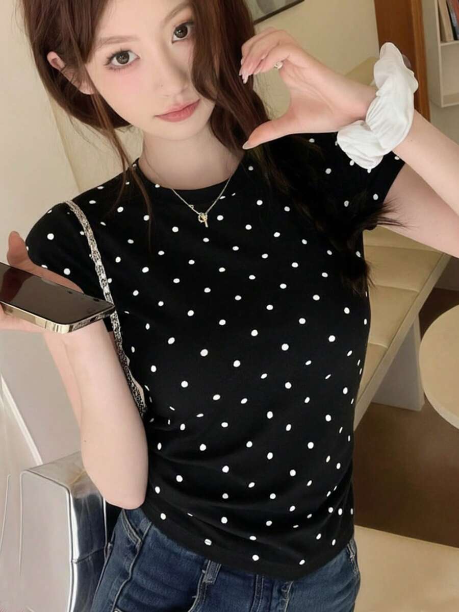 女士圆领短袖T恤，夏季新款波点高端上衣，时尚修身收腰美式休闲风 - 黑色 - 查看 1