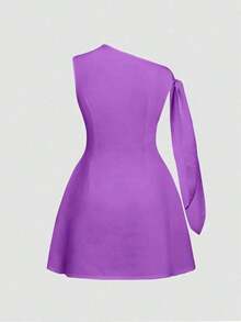 Vestido corto minimalista de mujer de unicolor elegante con hombros con lazo y sin mangas, de verano en colores claros - Morado - Ver 4