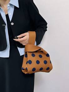 lulu kewen Knot Bag Ladies Texture Pattern Crochet Bag 1 Piece Simple Mini Crochet Bags Handheld Bag Texture Pattern Knitting Crochet Breathable Lightweight Foldable Pocket, Suitable For Mobile Phones,Small Change,Key,Umbrellas, Cosmetics, Lipstick, Perfume, Books - Brown - View 3