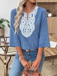 Blusas casuales de mujer de manga larga con escote en pico en unicolor, blusas de manga tres cuartos - Azul - Ver 7