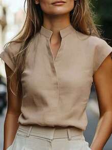 Blusa de manga corta con cuello en pico y color liso, de estilo casual y minimalista para el verano - Marrón - Ver 4