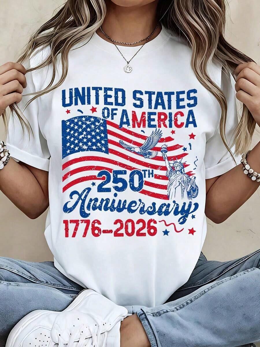 Patriotic T-Shirt Commemorating The 250th Anniversary Of The Independence Of The United States Of America 1776-2026, Featuring The American Flag And The Statue Of Liberty For Independence Day Celebrations - 白色 - 查看 1