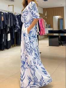 Mono elegante de mujer con estampado floral y de hojas, cintura ceñida, estilizador, nueva llegada para primavera/verano y vacaciones - Azul - Ver 4