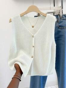 Women's Versatile V-Neck Knit Vest, Spring/Summer Fashion Piece, Button Front Sleeveless Cardigan Knitwear Top White - White - View 2