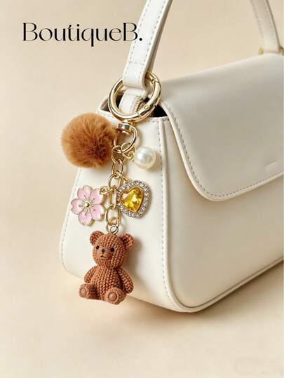 1pc Cute Brown Bear Keychain, Paired With Pink Cherry Blossoms,Brown Bear Keychain Accessory Suitable For Women And Girls,Exquisite Flower Bear Pendant Keychain,Resin Bear Hanging Decor For Backpack,Handbag, Schoolbag, Room,Sweet Gift,Car Accessory,Key Chain,Suitable For Decorating Purses Shoulder Bag & Designer Bags