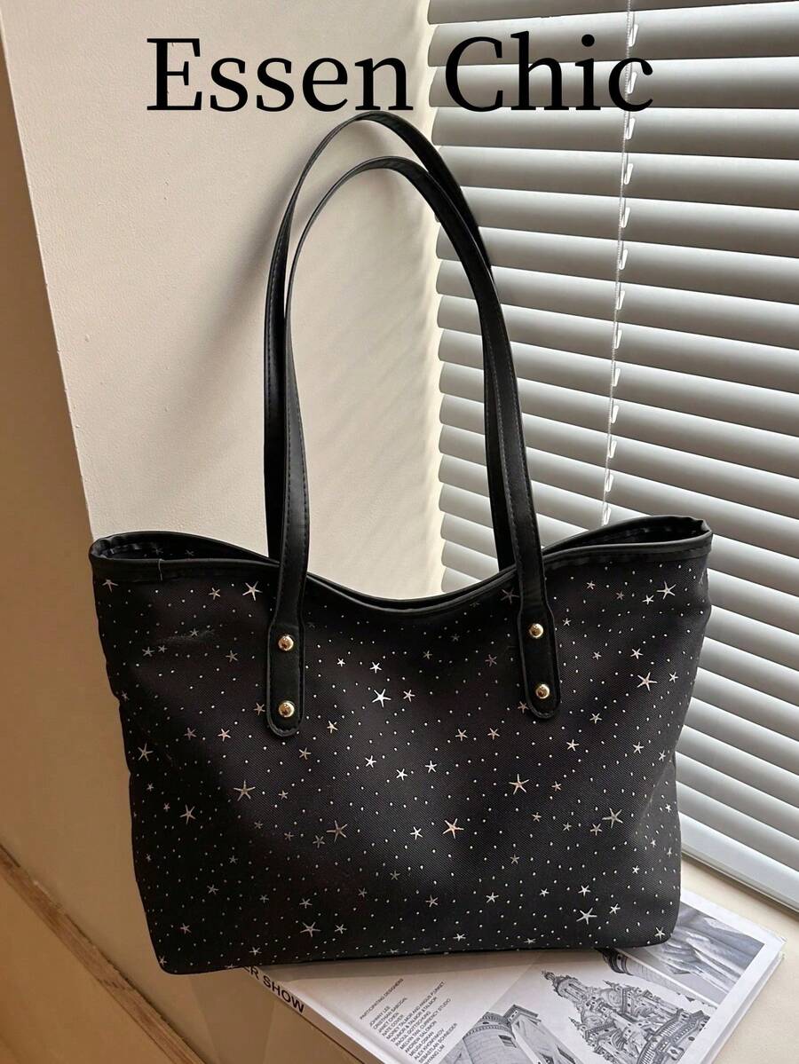 1pc Black Metal Rivet Decor Large Capacity Nylon Tote Bag, Women Shoulder Bag, Spring New Arrival - Black - View 1