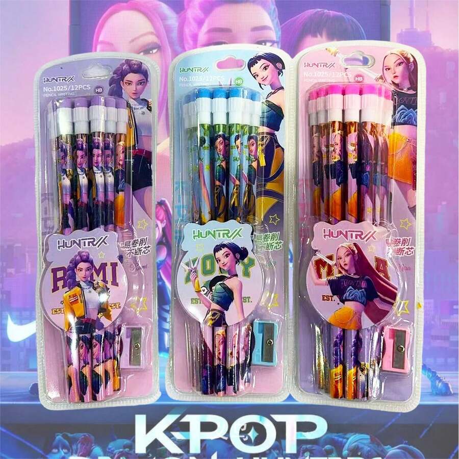 12支/套 K-Pop风格0.5mm自动铅笔套装,带卷笔刀和橡皮擦,卡通人物图案,适合学生和粉丝作为学习文具使用 - 彩色 - 查看 1