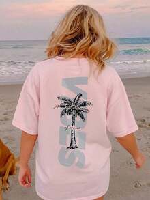 Women's Short-Sleeved T-Shirt With A Round Neck, Featuring A Minimalist Coconut Tree Print And Slogan. Simple And Versatile, Suitable For Everyday Wear And Vacations. Graphic T-Shirt, Women's, White, Black, Pink, Summer - 羅莎 - 查看 6