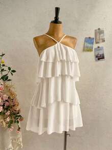 Nuevo vestido elegante y romántico para invitados de boda, de unicolor, con espalda descubierta, multicapa con volantes de gasa, minivestido, adecuado para estilo bohemio, boho, flores románticas, vacaciones, fiestas florales, citas, San Valentín, - Beis - Ver 5