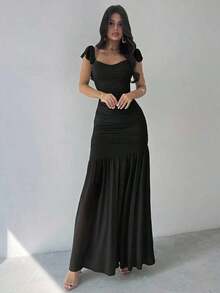 Vestido ajustado de malla verde con drapeado y volante en el bajo, elegante para mujer, apropiado para fiestas, vacaciones, festivales de música, bodas, almuerzos, Día de San Patricio, vestidos largos de estilo bohemio, vestidos de graduación, atuendos de playa, atuendos de aeropuerto - Negro - Ver 8