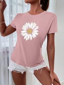 Camiseta de algodón 100% con cuello redondo, manga corta y estampado de perlas falsas, top casual de verano para mujer - Rosa Pálido - Ver 3