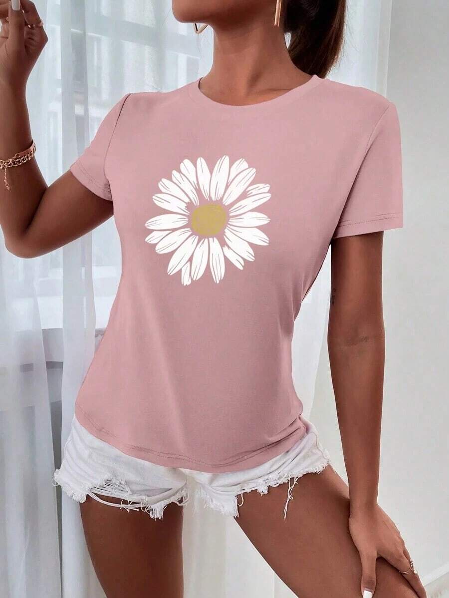 Short-Sleeved Floral Print T-Shirt, Women's Casual Round Neck Floral Print T-Shirt, Women's Graphic T-Shirt - 淡粉紅色 - 查看 1
