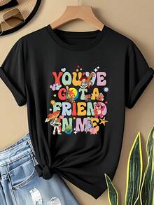 Disney-Themed Pattern, "You'Ve Got A Friend In Me" Print Short-Sleeve Round-Neck T-Shirt From Toy Story, Casual And Stylish Short-Sleeve Tee, Slightly Stretchy, Non-Transparent, Easy-Care Material, Perfect For Everyday Wear, Women'S T-Shirt - 黑色 - 查看 1