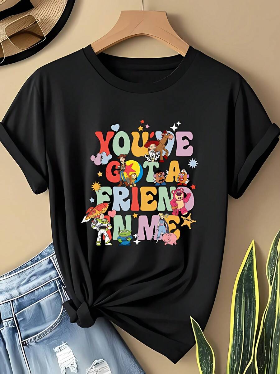Disney-Themed Pattern, "You'Ve Got A Friend In Me" Print Short-Sleeve Round-Neck T-Shirt From Toy Story, Casual And Stylish Short-Sleeve Tee, Slightly Stretchy, Non-Transparent, Easy-Care Material, Perfect For Everyday Wear, Women'S T-Shirt - 黑色 - 查看 1