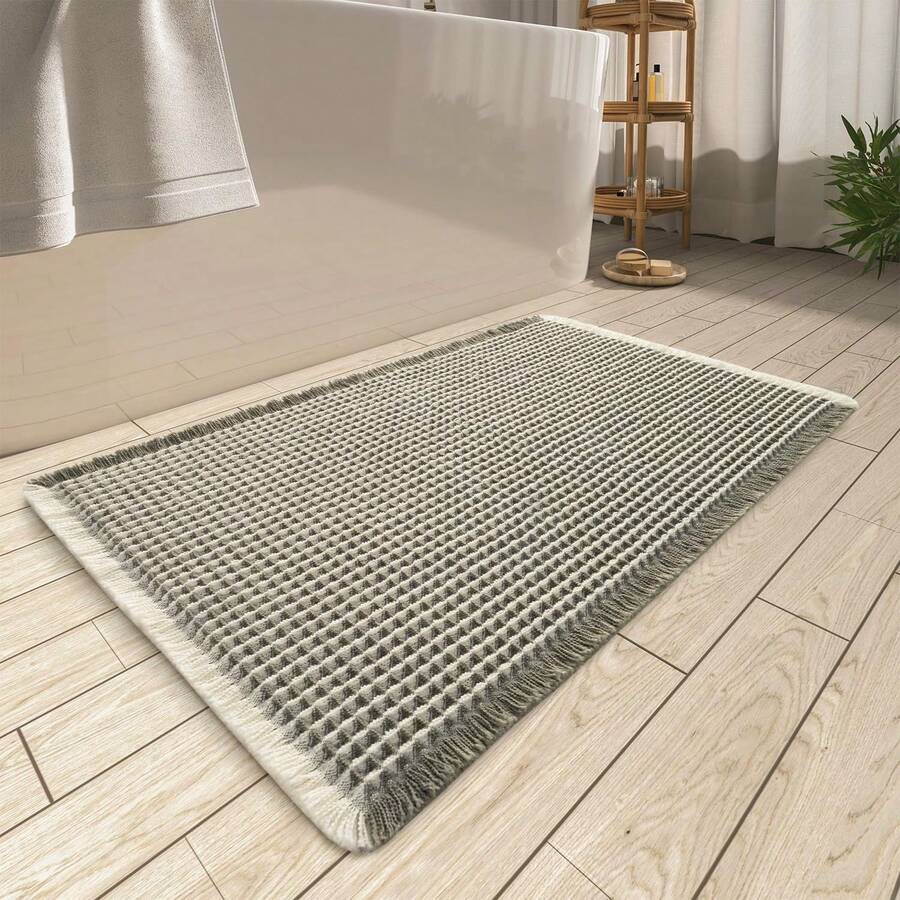 Waffle Bath Mat, Absorbent Non Slip Bathroom Rug With Tassels, Rubber Backed Floor Mat, Machine Washable Decorative Mat For Bathroom, 17" X 24", Brown - 綠色和奶油色 - 查看 1