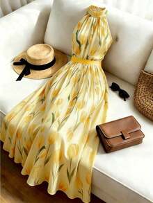 Vestido de mujer con estampado digital, cuello halter y cintura ajustada, adecuado para vacaciones en la playa y viajes - Amarillo - Ver 4