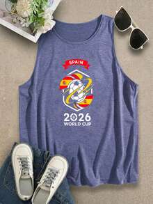 Spain 2026 World Cup Soccer Summer Tops, Summer Clothes, 2026 World Cup Blokecore Women's Casual Tank Top, Vintage Football Jersey Tee & 90s Retro Graphic Tee Style, Cotton Blend Soft Breathable Sleeveless T Shirt, Fan Must-Have - 藏蓝色 - 查看 1