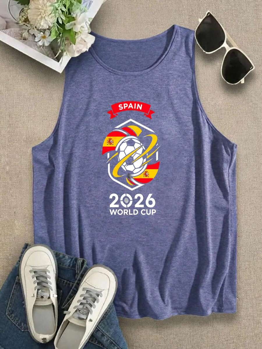 Spain 2026 World Cup Soccer Summer Tops, Summer Clothes, 2026 World Cup Blokecore Women's Casual Tank Top, Vintage Football Jersey Tee & 90s Retro Graphic Tee Style, Cotton Blend Soft Breathable Sleeveless T Shirt, Fan Must-Have - 藏蓝色 - 查看 1