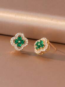1 par de pendientes de trébol de cuatro hojas de 6 colores, con piedras de circonita brillantes engastadas, montura tipo halo, diseño de trébol de cuatro hojas con gemas de colores, material chapado en oro de 18K, apto para piel sensible, regalo de cumpleaños perfecto para mujeres - Multicolor - Ver 11