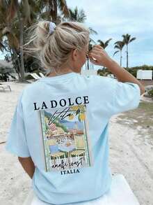 New Women's Summer T-Shirt, Casual, Colorful, With Letter And Oil Painting Print, Round Neck, Short Sleeve, Pink, Versatile And Fashionable, Suitable For Women's Tops, Leisure On Holidays And Spring Break, Black - 淺藍色 - 查看 5