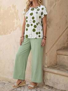 Set de 2 piezas con top de manga corta y pantalón de pierna ancha con estampado geométrico para mujer - Verde - Ver 2