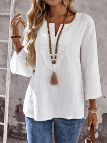 Blusas casuales de mujer de manga larga con escote en pico en unicolor, blusas de manga tres cuartos - Blanco 4 - Ver 6