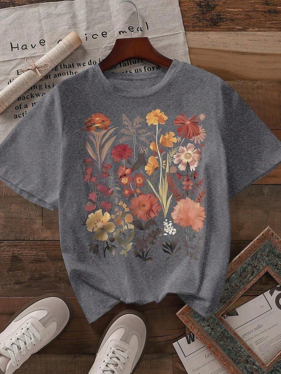 Camiseta de manga corta, cuello redondo, casual para mujer, ideal para vacaciones de verano - Gris Oscuro - Ver 1