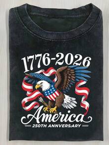 One 230g Water-Washed T-Shirt, Model 17762026, A Vintage Pink, Distressed-Look T-Shirt Celebrating The 250th Anniversary Of The Founding Of America, With White Text And A Bald Eagle Design With The Stars And Rays Flag. This Patriotic-Themed T-Shirt Is Perfect For Independence Day. 180g 100% Cotton - 黑色 - 查看 1