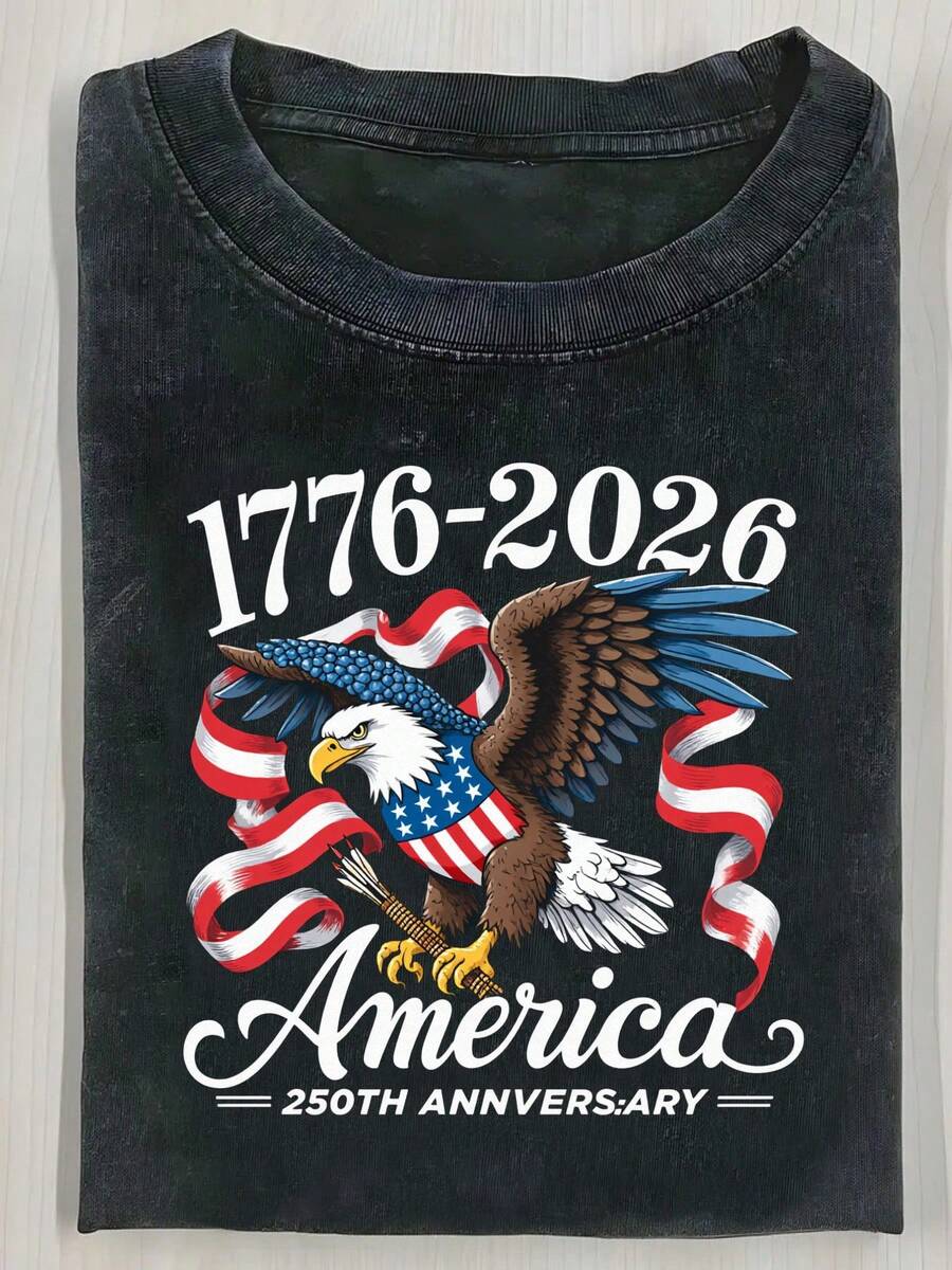 One 230g Water-Washed T-Shirt, Model 17762026, A Vintage Pink, Distressed-Look T-Shirt Celebrating The 250th Anniversary Of The Founding Of America, With White Text And A Bald Eagle Design With The Stars And Rays Flag. This Patriotic-Themed T-Shirt Is Perfect For Independence Day. 180g 100% Cotton - 黑色 - 查看 1