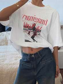 Camiseta de mujer de manga corta y cuello redondo holgada con estampado de letras, camiseta gráfica de verano oversize, top preppy - Multicolor - Ver 3
