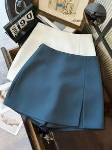 Pantalones cortos/falda/culotte/shorts de mujer de tela suave y texturizada de cintura alta con abertura, de estilo casual y versátil para uso diario, primavera/otoño - Azul - Ver 3
