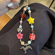 1pc Fashionable INS Style Sausage Dog, Yellow Star & Smiling Face Beaded Phone Lanyard, Suitable For Pet Lovers, Holiday Gift - Coffee Brown - View 3