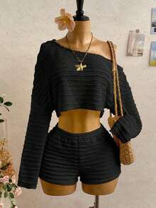 Conjunto de 2 piezas de top y shorts de cuello asimétrico de color sólido para mujer, estilo casual de vacaciones - Negro - Ver 12