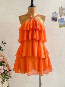 Nuevo vestido elegante y romántico para invitados de boda, de unicolor, con espalda descubierta, multicapa con volantes de gasa, minivestido, adecuado para estilo bohemio, boho, flores románticas, vacaciones, fiestas florales, citas, San Valentín, - Naranja Coral - Ver 3
