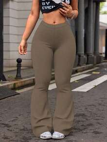 Leggings de yoga de cintura alta de unicolor con campana para mujer, pantalones de entrenamiento, running y fitness de primavera - Café integral - Ver 4