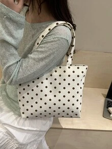 女士复古波点灯芯绒手提包，轻便大容量肩背手提包，带提手，休闲可重复使用手提包，适合日常使用、工作、上学、旅行、购物和海滩等场合。 - 白色 - 查看 3