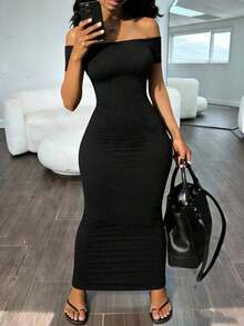 Vestido elegante de unicolor con hombros descubiertos y mangas cortas ajustado para mujer - Negro - Ver 4