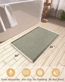 Waffle Bath Mat, Absorbent Non Slip Bathroom Rug With Tassels, Rubber Backed Floor Mat, Machine Washable Decorative Mat For Bathroom, 17" X 24", Brown - 綠色和奶油色 - 查看 2