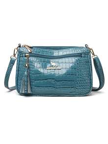 New Fashionable Crossbody Bag For Women, Faux Crocodile Embossed PU Material Shoulder Bag With Adjustable Detachable Strap, Metal Logo & Tassel Decor, Versatile For Daily, Work, Shopping - Blue - View 6