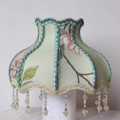Pantalla de lámpara de tela estampada en verde menta, decoración de borlas de cristal de lujo, accesorio de lámpara de mesa/pared/lámpara colgante de estilo campestre americano, pantalla de lámpara de ambiente para dormitorio/sala de estar