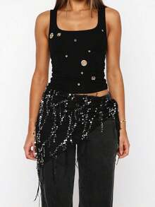 Women's Y2K Fringe Belly Wrap,Dance Scarf Belly Sheer Skirt Cover Up,Sequin See Through Mesh  Asymmetrical Tie Waist Skirt,Suitable Yoga, Belly Dance, Performance,Club Party,Night Out - màu đen - Xem 4
