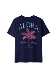 Camiseta de manga corta con cuello redondo y estampado de palmeras para mujer, estilo casual y moderno, tu prenda esencial diaria.Camiseta con Estampado, Tops para Mujer, Vacaciones de Verano - Azul marino 2 - Ver 2