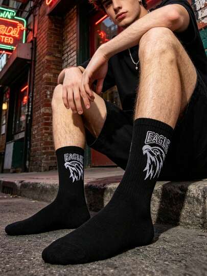 1/3 Pairs American Street Style Eagle Print Mid-Calf Socks, Design, Unisex Versatile Sports Socks