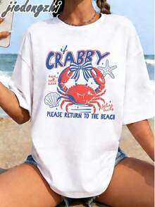 1 pieza: Camisetas con estampado de cangrejo "If Crabby Please Return To The Beach" para mujer, tops de verano, conjuntos de vacaciones para mujer, camisetas casuales de playa, camiseta divertida con estampado de cangrejo, conjuntos de verano para mujer, 180g 100% algodón. - Blanco - Ver 3