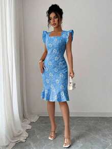 Vestido elegante de jacquard para ir al trabajo, verano - azul real - Ver 4