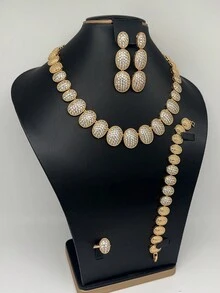 Bộ trang sức 4 món cao cấp đính ngọc trai và đá Zirconia, phong cách Trung Đông Dubai, màu trắng, phụ kiện cô dâu dự tiệc, quà cưới. - Vàng - Xem 4