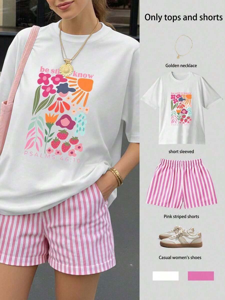 Conjunto de camiseta de manga corta holgada con estampado "Be Still & Know" y pantalones cortos a rayas, traje de mujer, conjunto de dos piezas femenino, atuendo de verano para mujer, ropa de vacaciones, ropa de viaje, estilo de playa, vestimenta de vacaciones minimalista - Blanco - Ver 1