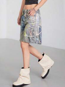 Women's Summer Casual Washed Chain Printed Loose Denim Shorts - Azul - Ver 5