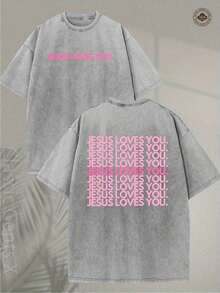 T-Shirt With Intense Washed Effect - T-Shirt With Religious Print 'Jesus Loves You', Lettering In Pink, Green And Pink, Double-Sided Print - Christian Clothing, Unisex Crew Neck T-Shirt, Suitable For Church, Casual Wear, Ideal For Gifting - Machine Washable, Soft Crew Neck (Retro Style, Heavyweight, Unisex). - 淺灰色 - 查看 1